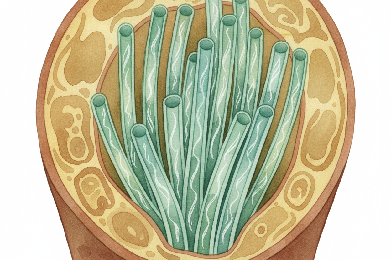 Once inside the roots, the water enters a highway system — tiny tubes called ++xylem++ that run from the roots up throug