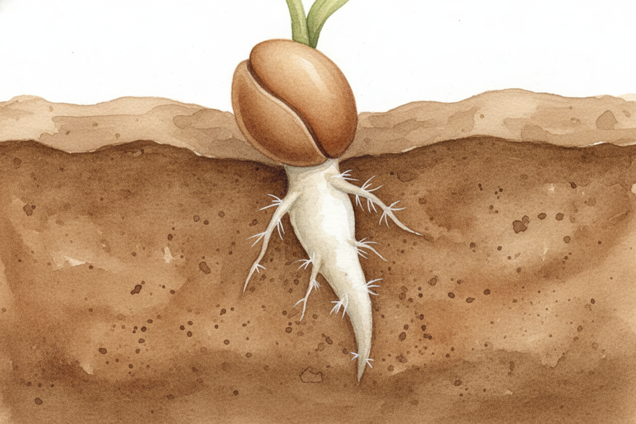 *첫 번째 움직임은* 뿌리를 아래로 보내는 거예요. 뿌리는 ~~씨앗 껍질을 뚫고 나와~~ 흙속으로 파고들며 물과 미네랄을 찾아요. **눈은 없지만** 어느 쪽이 아래인지 알아요. 중력이 세포 안의 ++작은 녹말 알갱