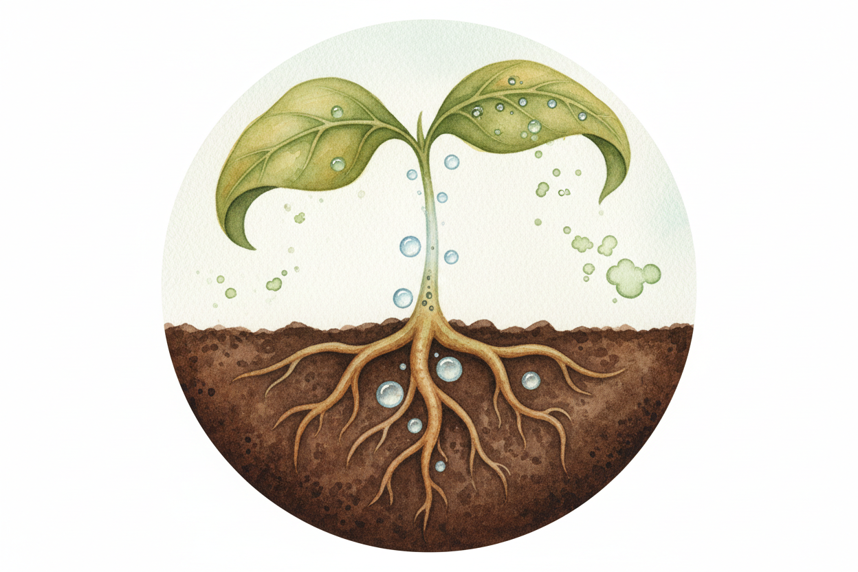 ~~But sunlight alone isn't food.~~ The plant needs two more ingredients: *water from the soil*, which the roots slurp up