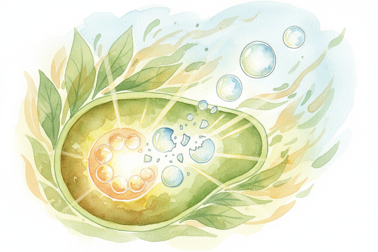 ~~Now the magic starts.~~ Inside the ++chloroplast++, the sunlight's energy **smashes the water molecules apart**. It's 