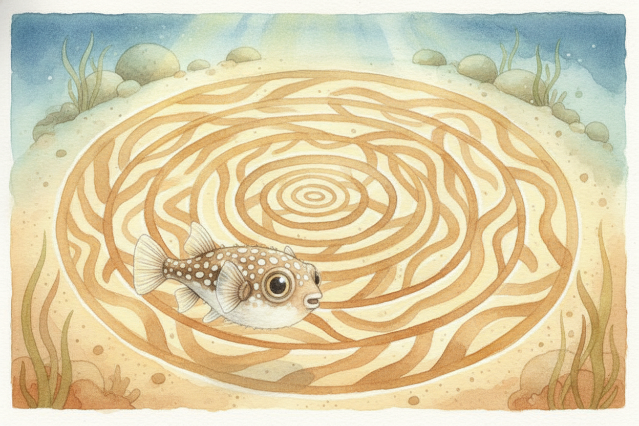 The artist, it turns out, is a fish the size of your hand. A male ++white-spotted pufferfish++ — **just twelve centimete
