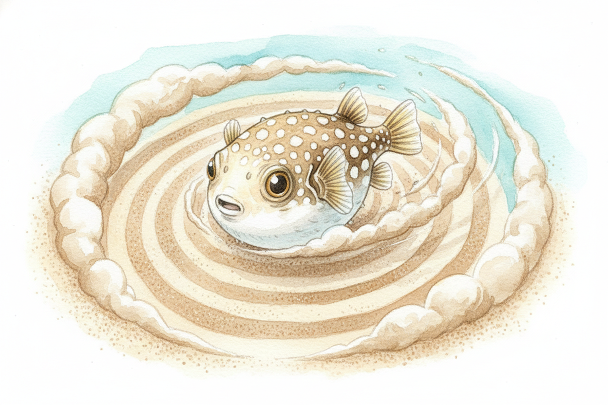 He starts at the center and swims in tight circles, flapping his fins to push sand outward. ~~Around and around, hundred