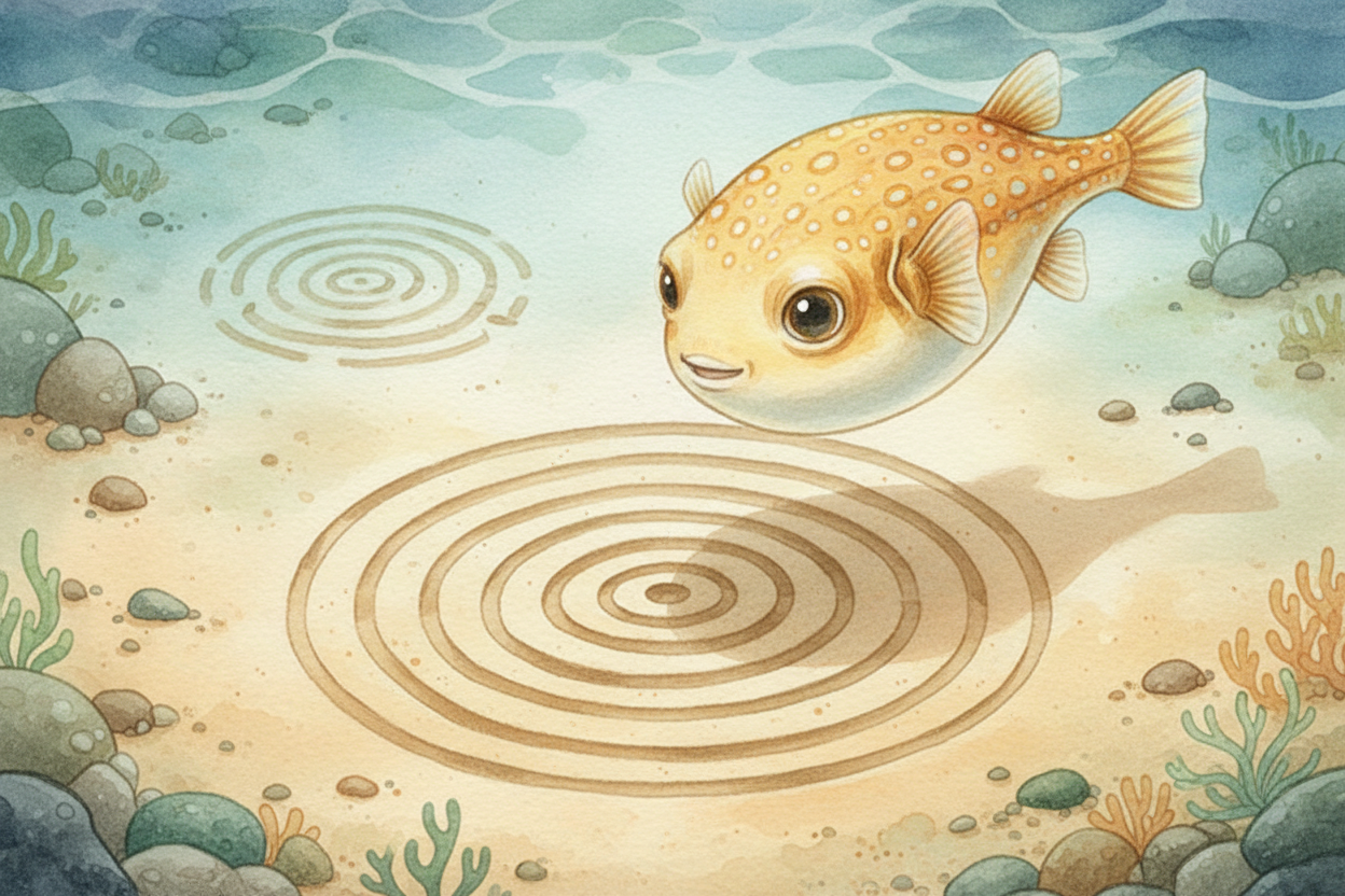 But the structure **does double duty**. It's also a billboard. Female pufferfish cruise the neighborhood, checking out d
