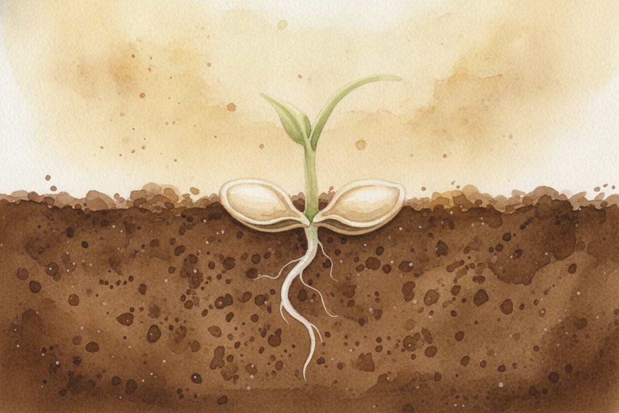 Warm soil and a drink of water **wake the seed up**. ~~First a root pokes downward~~, anchoring the plant and *slurping 