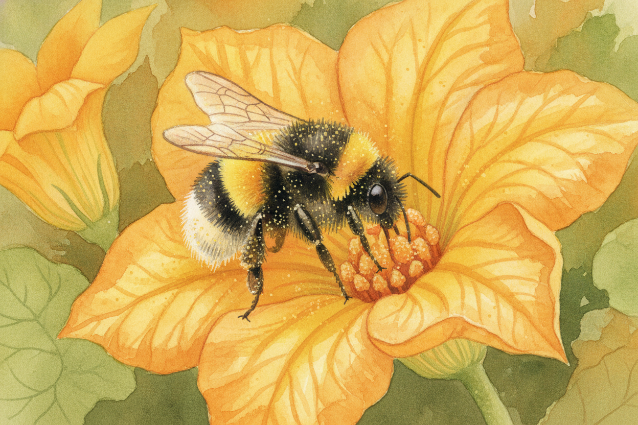 ~~Here's where bees become the heroes.~~ A bee dives into a male flower for a sweet drink and **gets dusted with yellow 