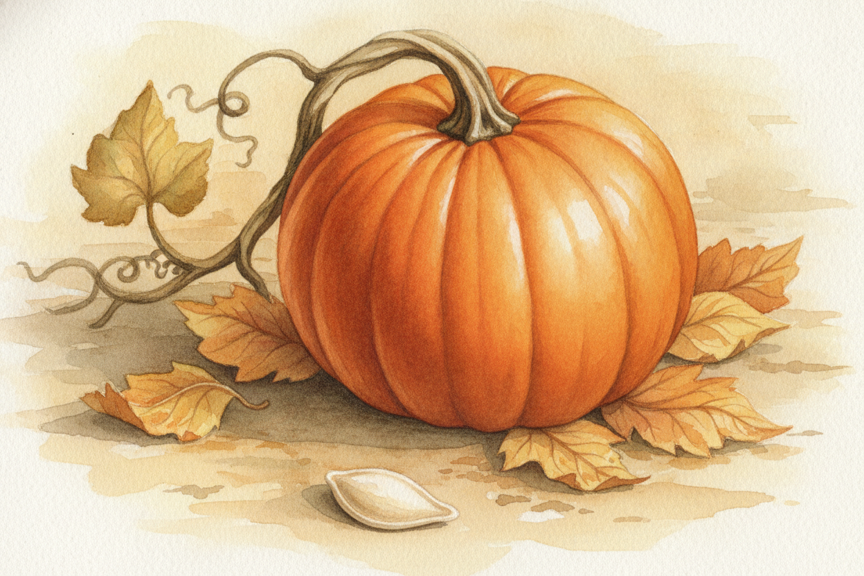 As autumn cools and the days shorten, the pumpkin stops growing and starts ripening. Green fades to deep orange, the ski
