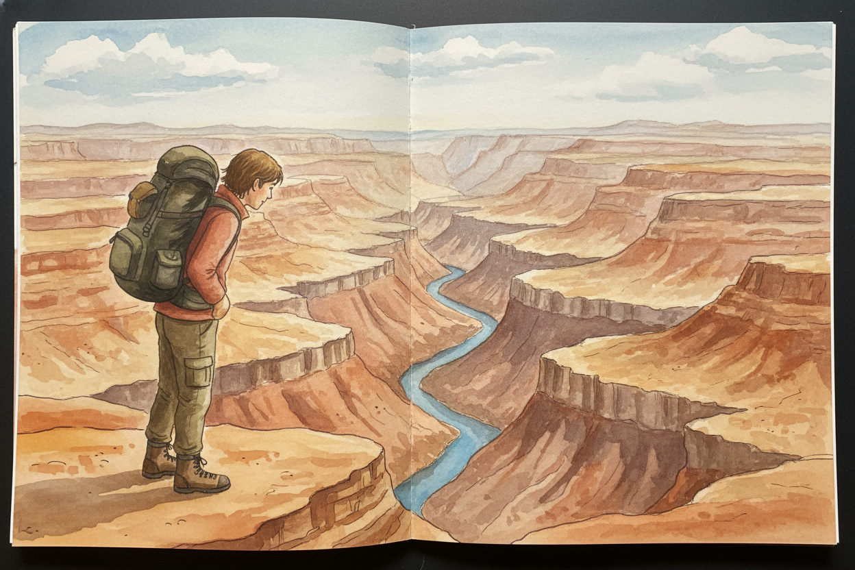 Stand at the edge of a canyon and look down. ~~That crack in the earth~~ drops **hundreds of meters—sometimes more than 