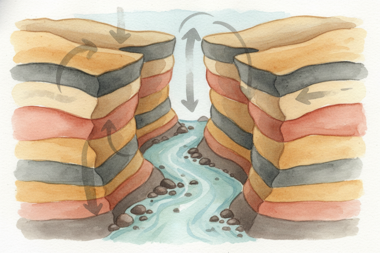 The river **doesn't carve straight down like a drill**. It carves down and sideways at the same time, wiggling back and 