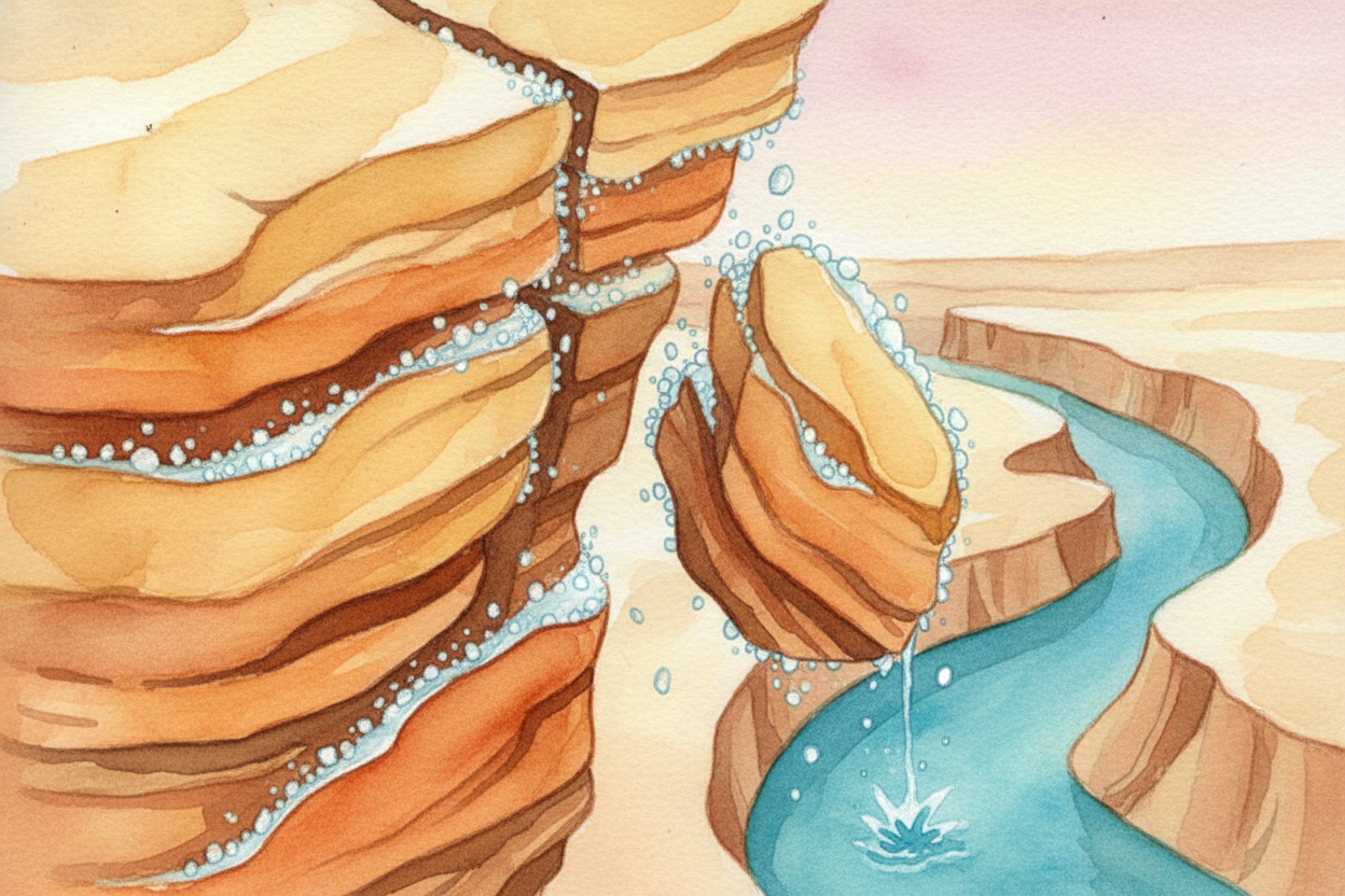 Freeze and thaw help too. Water seeps into cracks in the rock. At night it freezes and expands like a **tiny ice wedge**