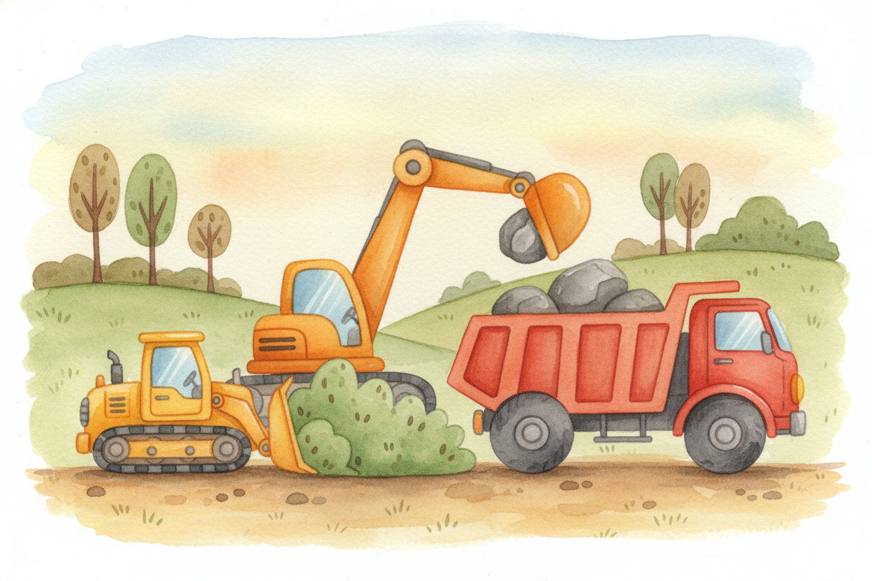 Once they know where it goes, ~~the real chaos begins~~: clearing. Bulldozers shove trees and bushes to the side. Excava