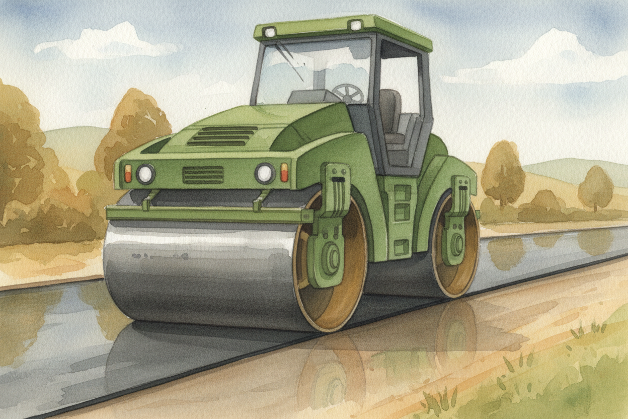 Right behind the paver, **before the asphalt cools**, a heavy roller runs over it ~~again and again~~, pressing the litt