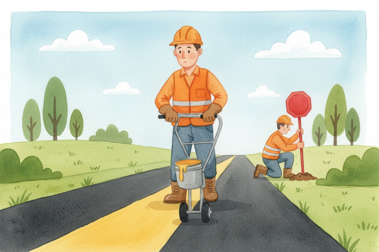 The road's not done. Workers paint lines — **bright yellow down the center**, white along the edges — using machines tha