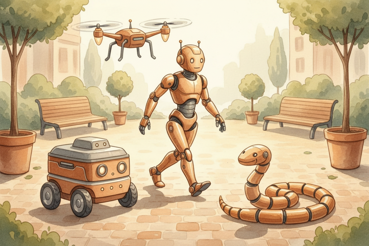 So whether a robot rolls, walks, flies, or slithers, the answer is the same: electric motors spin, gears multiply their 