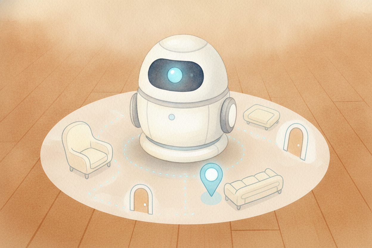 Next the robot needs to know where it is. So it keeps a map in its memory and drops a little marker for ++"I am here."++