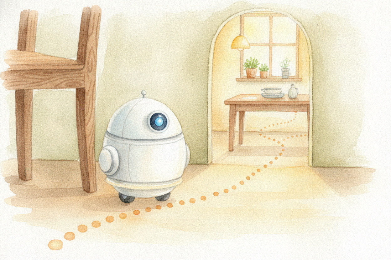 ~~Now comes the thinking part:~~ deciding what to do. The robot has a goal — say, "reach the kitchen" — and a problem — 