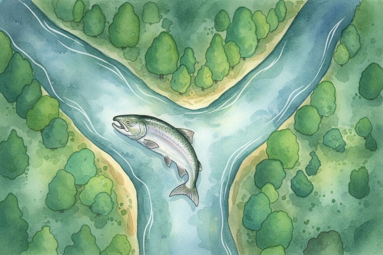 When she reaches the mouth of her river system, ~~things get tricky~~. Rivers branch like trees. Every fork is a test: l
