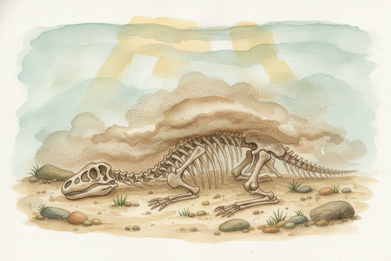 When an animal dies, it usually vanishes — eaten, rotted, scattered. ~~But every so often~~, one gets **buried fast**, u