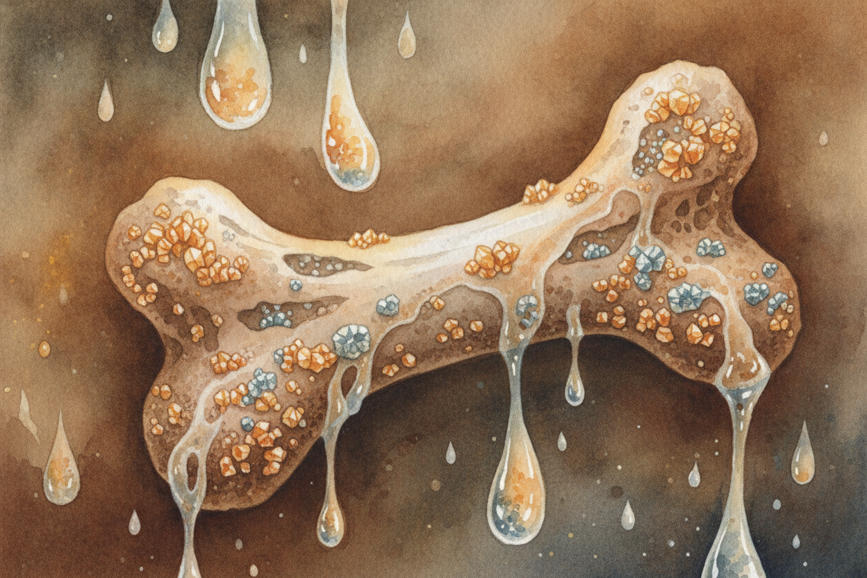 ~~Now wait.~~ Wait a very long time. Water seeps through the buried bone, carrying tiny bits of dissolved minerals. *Bit