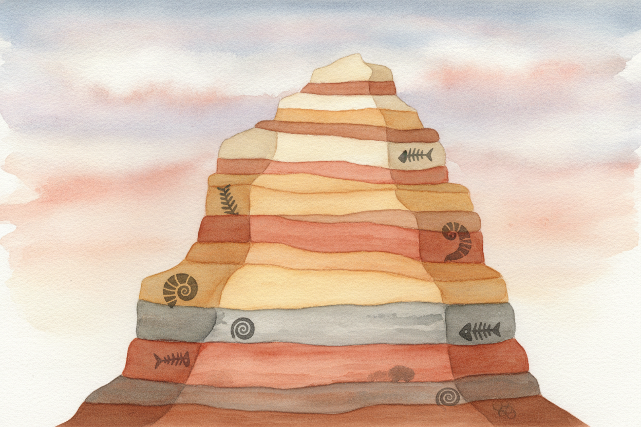 The rock layers themselves are a calendar. They stack up over time, oldest at the bottom, newest on top — **like a sandw