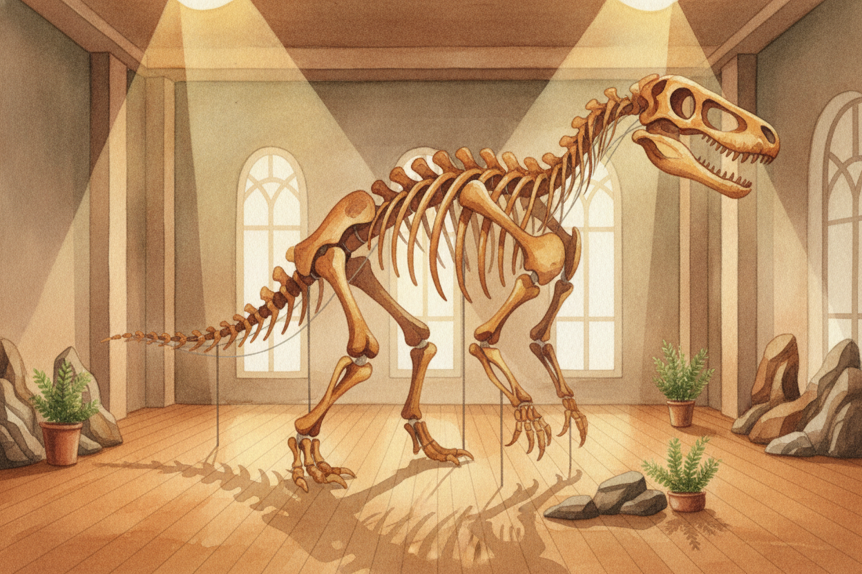 Now scientists assemble the answer. They fit the bones together like a **3-D jigsaw**, drape muscle where the *rough pat