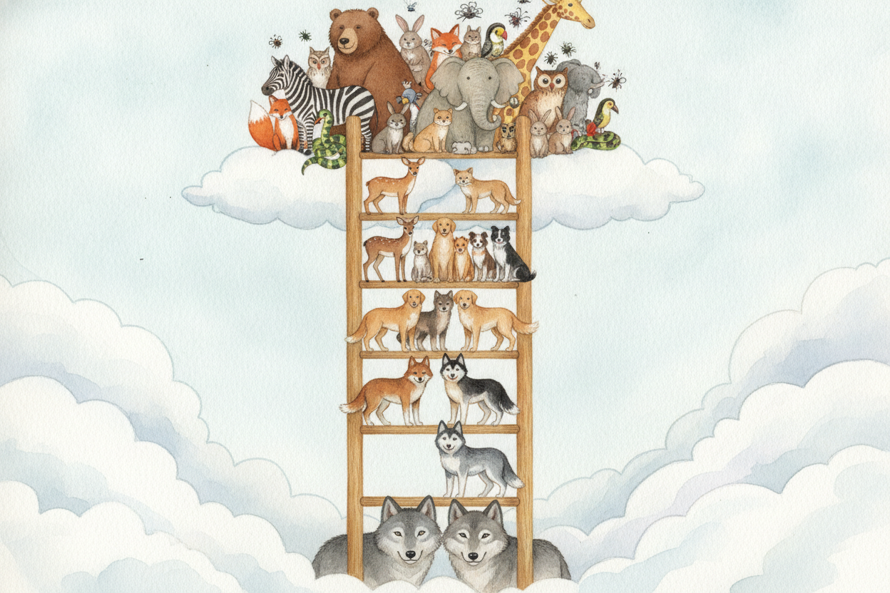 Scientists gave these boxes **a ladder of names**, *from widest to narrowest*. The widest rungs are kingdom, then phylum