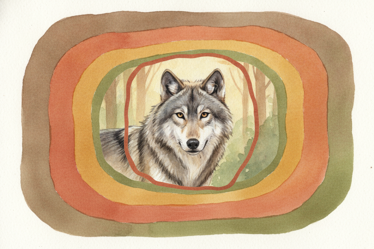 Take the ++gray wolf++ for the full tour. **Way up top** it's in the animal kingdom — it eats, it moves. Step down: it h