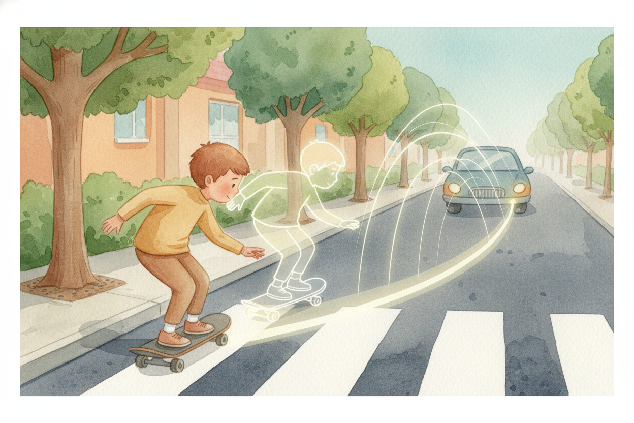Once the AI identifies objects, it predicts what they'll do next. ~~That skateboarder at the curb?~~ The system notices 