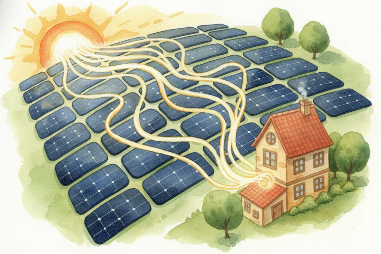One photon knocking one electron loose doesn't make much electricity — **barely a whisper**. But a solar panel is huge c