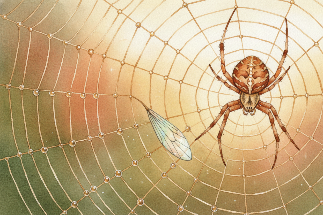 ~~Now the trap.~~ Starting from the center, she spirals outward, laying down a **DIFFERENT kind of silk** — this one coa