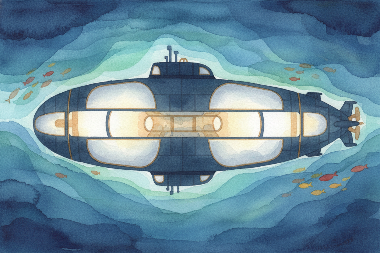 The secret is inside: huge tanks called ++ballast tanks++ run along the sub's sides and belly. When the sub floats on th