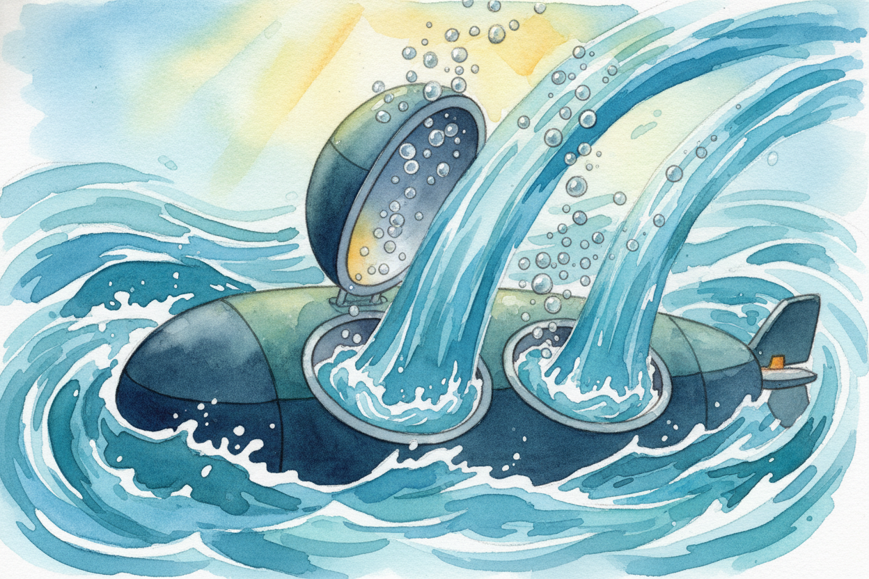 To dive, the crew opens valves at the bottom of the ballast tanks. Ocean water rushes in through the openings, and the a