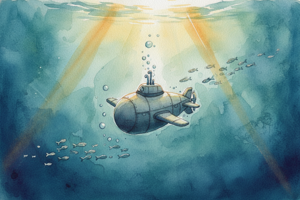 Once the ballast tanks are full of seawater, the sub sinks steadily. The crew uses small horizontal wings called ++dive 