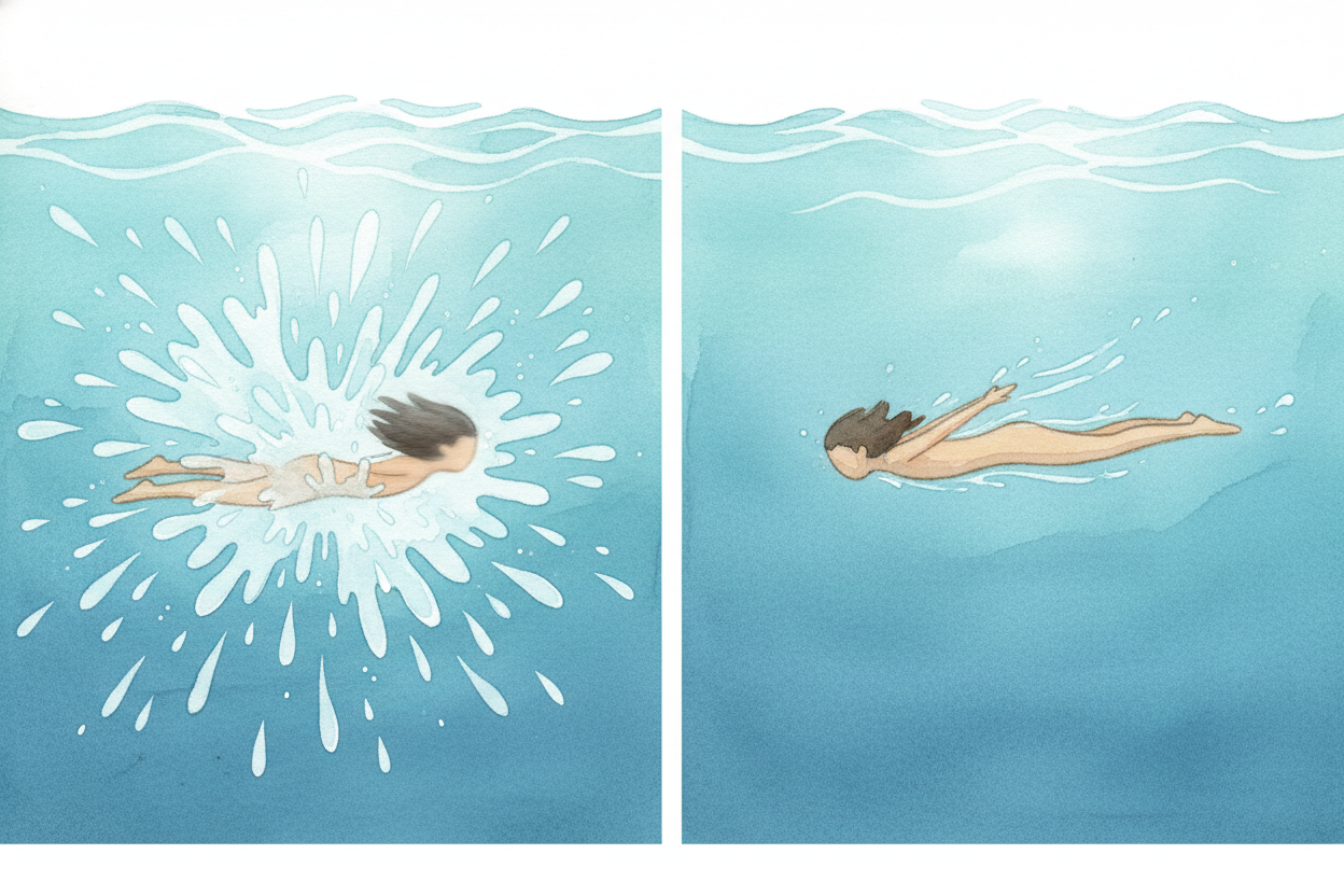 ~~First rule:~~ make yourself into a **pencil, not a parachute**. When you belly-flop into a pool, your whole front smac