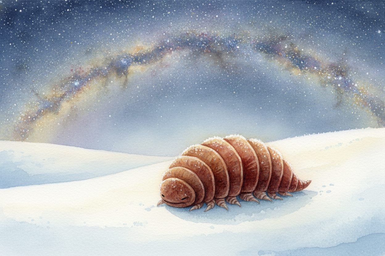 In this tun state, the tardigrade can survive almost anything. Frozen at nearly absolute zero, the coldest possible temp