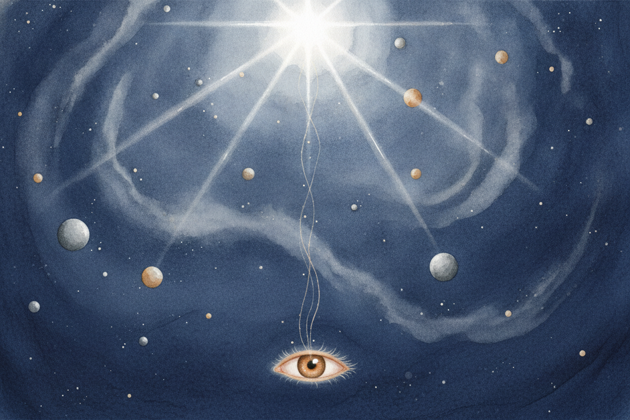 ~~Here's the secret~~ of why far things look faint: **light spreads out** as it travels. _A star pours out an ocean of l
