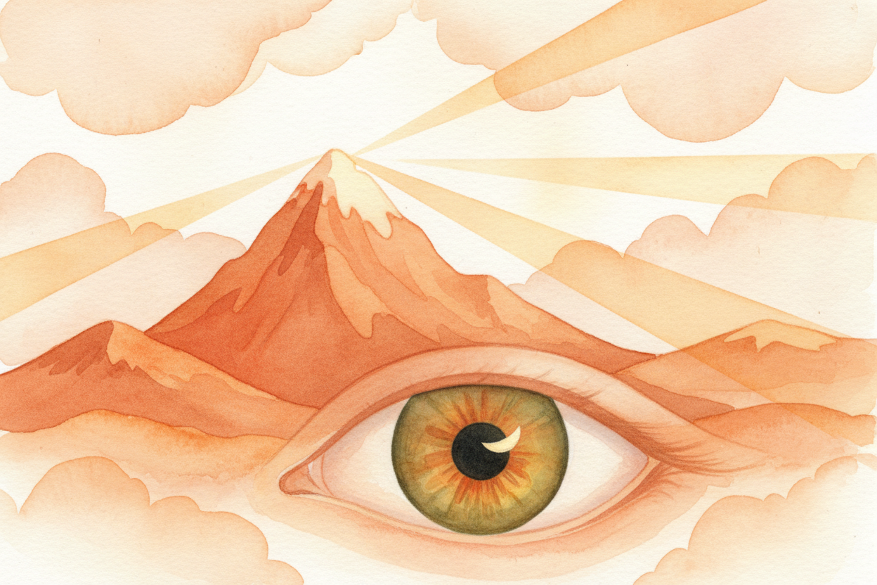 ~~Here's the trick:~~ light from that mountain is already racing toward you at incredible speed, bouncing off every rock