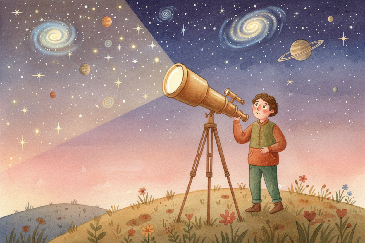 So when you look through a telescope, you're not reaching out into space. ~~You're standing still~~, letting the univers