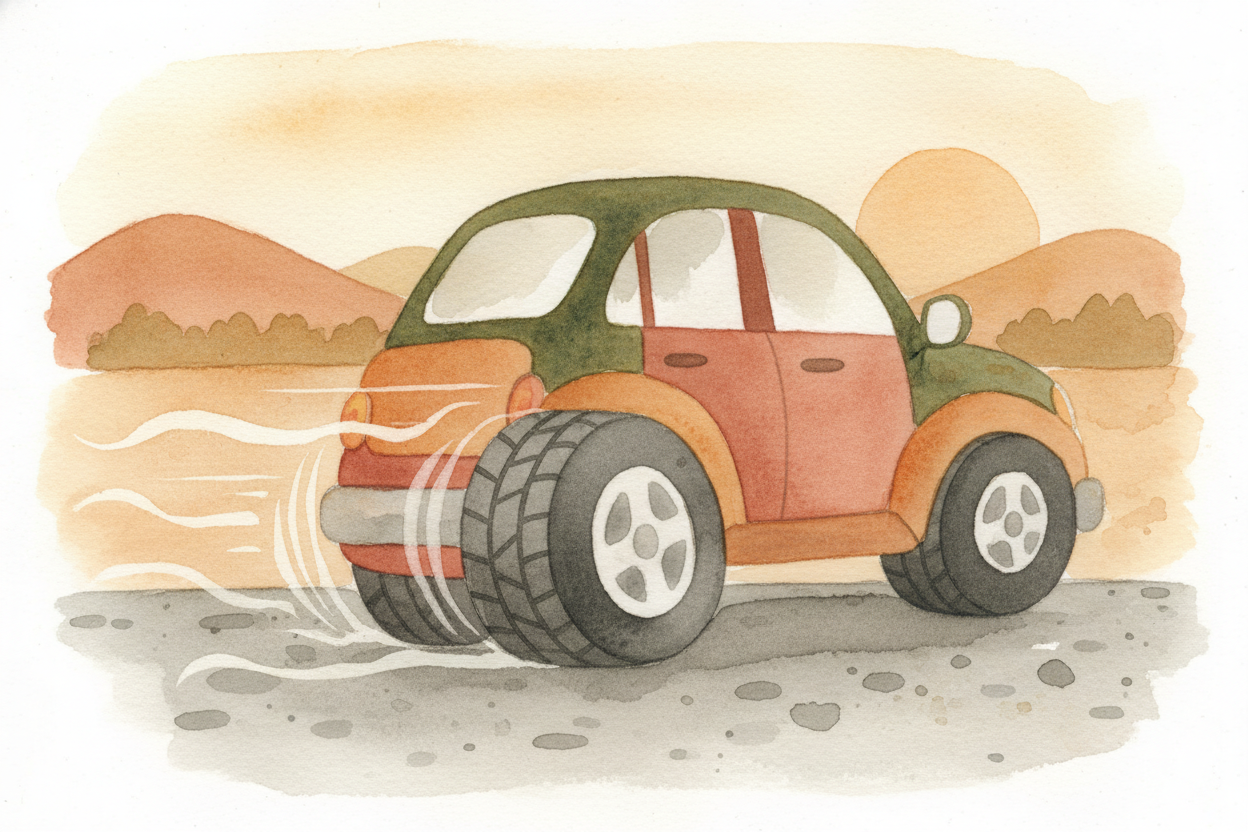 ~~Now the tire tries to spin.~~ The engine says "go forward," and the tire pushes backward against the ground — ++Newton