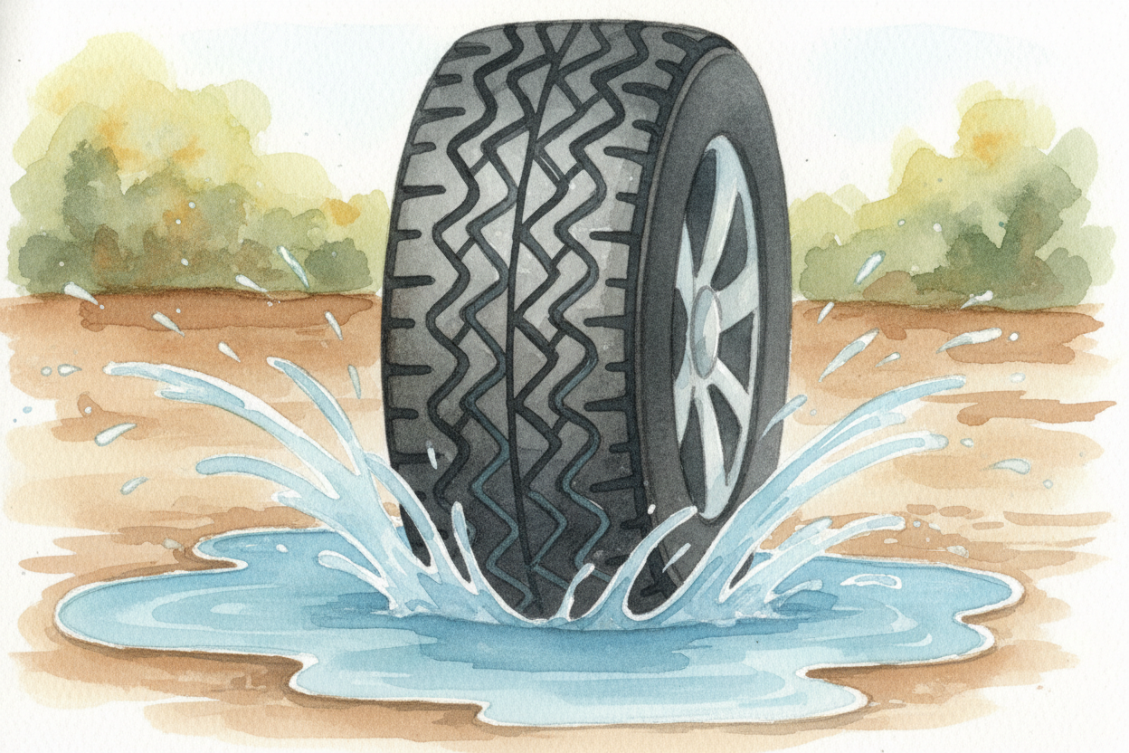 This only works if the surfaces stay connected. Add water, and suddenly there's a slippery layer between rubber and road