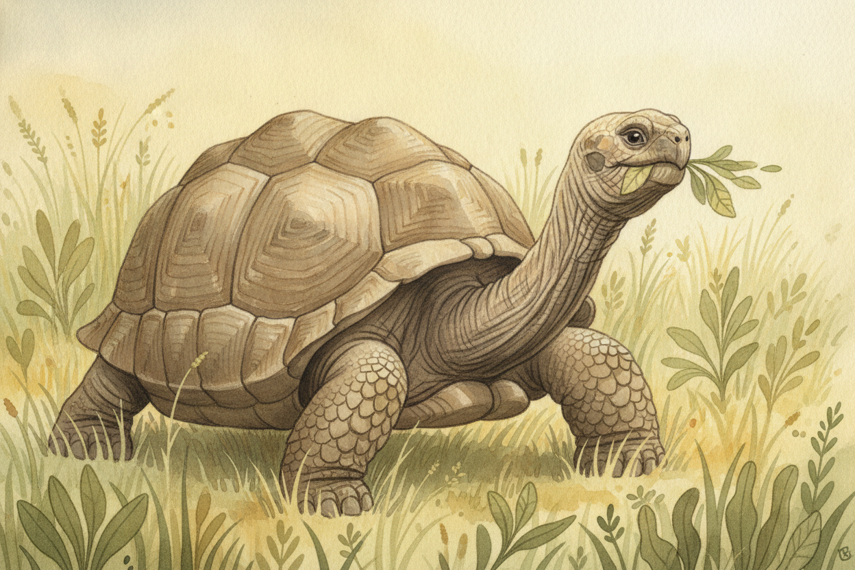 That slow life comes with a **slow appetite**. Tortoises mostly munch grasses, leaves, and weeds — humble food that *tak