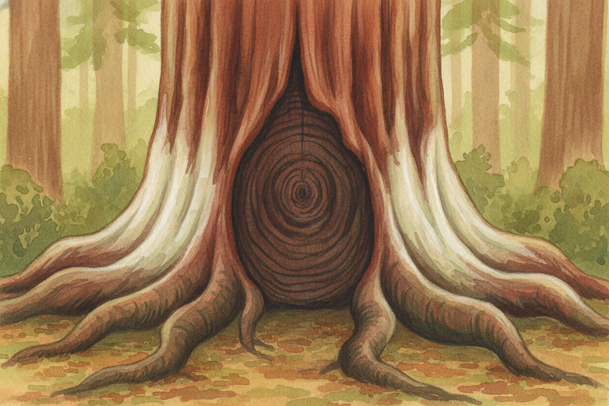 ~~Of course~~, a tall tree needs to stay standing. So every year the trunk doesn't just reach up — it also grows a littl