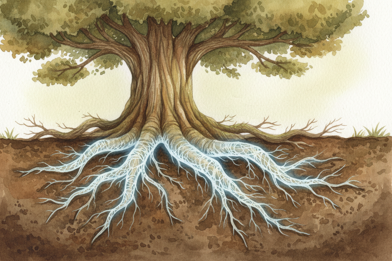 The network is made of ++mycorrhizal fungus++ — tiny living threads **thinner than sewing thread** that wrap around tree