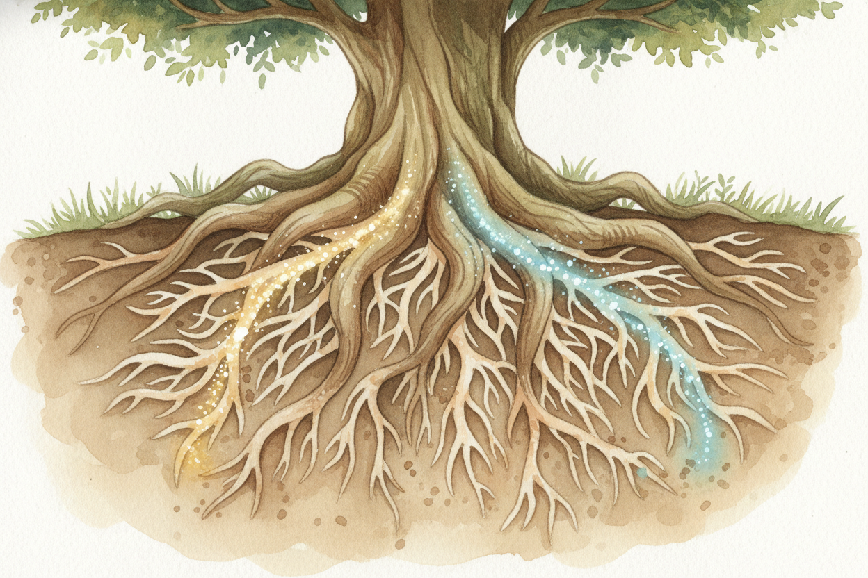 ~~Here's the deal~~ the trees and fungus make: the tree uses sunlight to **cook up sugar** in its leaves, then sends som