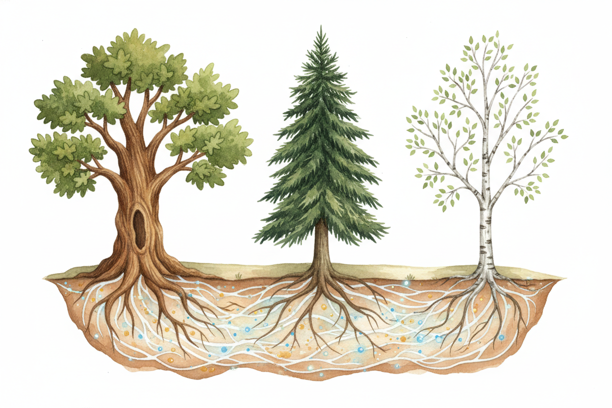 ~~But the fungus doesn't stop at one tree.~~ The same fungal threads connect to dozens of trees — sometimes different sp