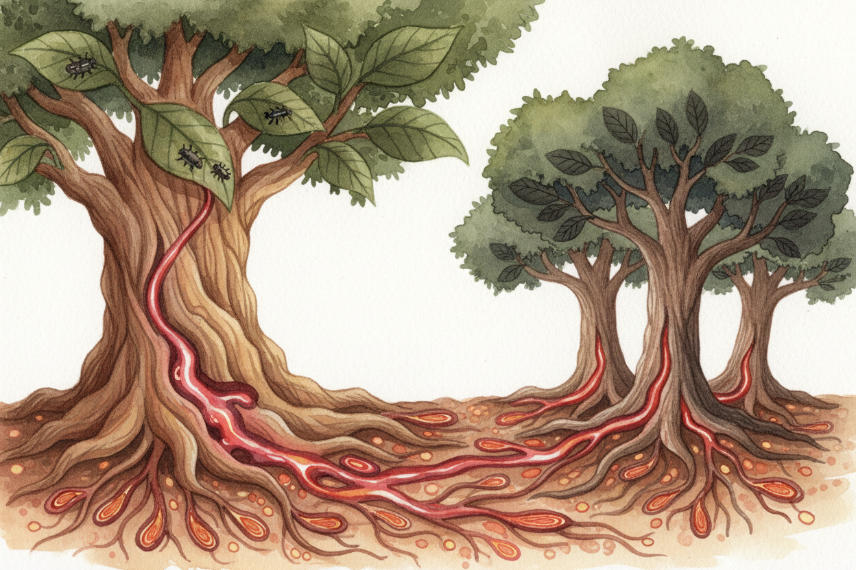 The network doesn't just move food — it moves warnings. When one tree gets attacked by insects, it can release chemical 