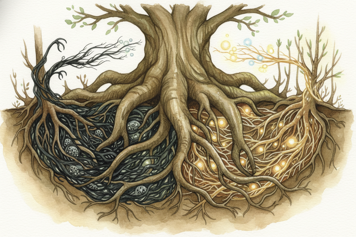 The system isn't all generous and noble, though. Some plants are hackers — they tap into the network and steal sugar wit