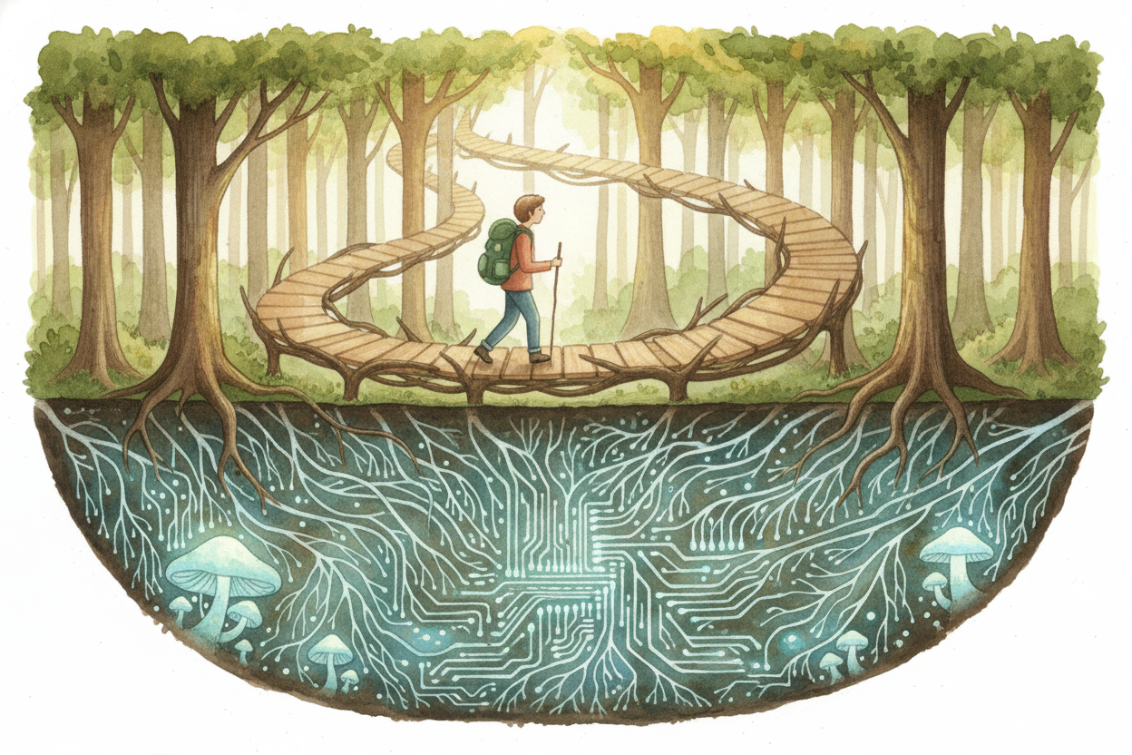 So when you walk through a forest, you're walking on top of an ancient, living conversation. The trees above you aren't 