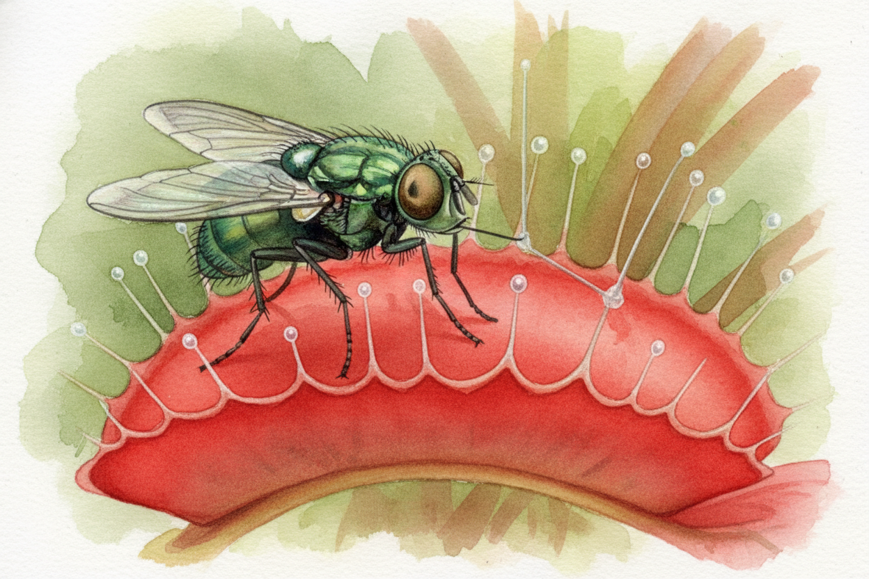 A fly lands on a ++Venus flytrap++'s bright red leaf. The leaf has tiny **trigger hairs sticking up like tripwires**. Th