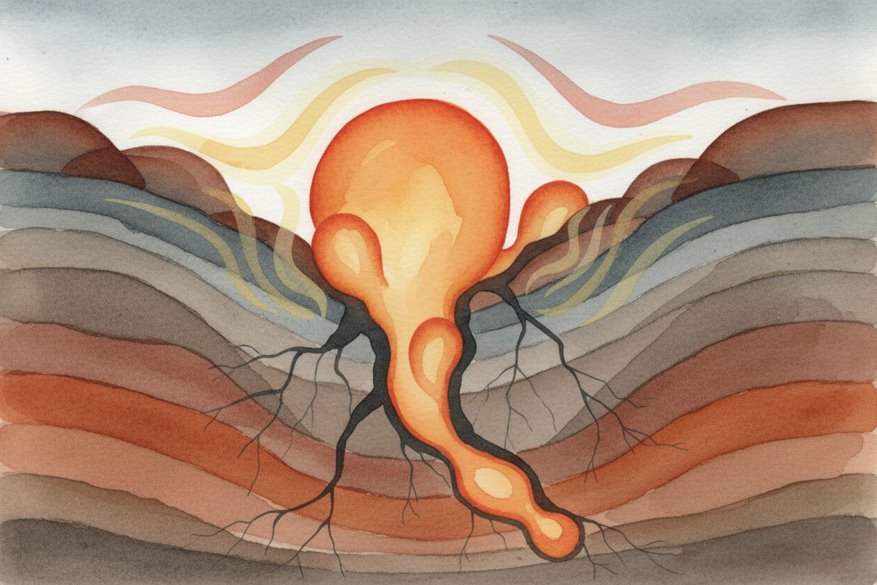 Deep under your feet, about 30 miles down, the rock is so hot it melts into a thick glowing soup called ++magma++. It's 