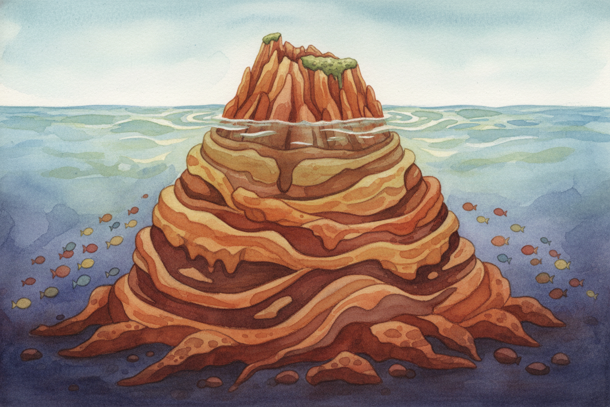 When lava cools, it hardens into new rock. Over thousands of eruptions, volcanoes **literally build themselves** — *each